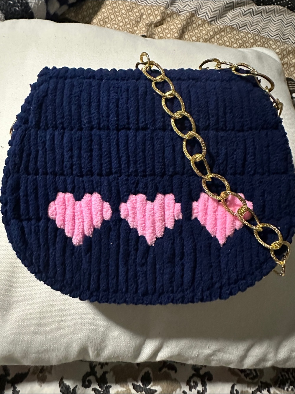 Navy Knit Heart Crossbody handmade Bag with Gold Chain - Picture 2 of 5